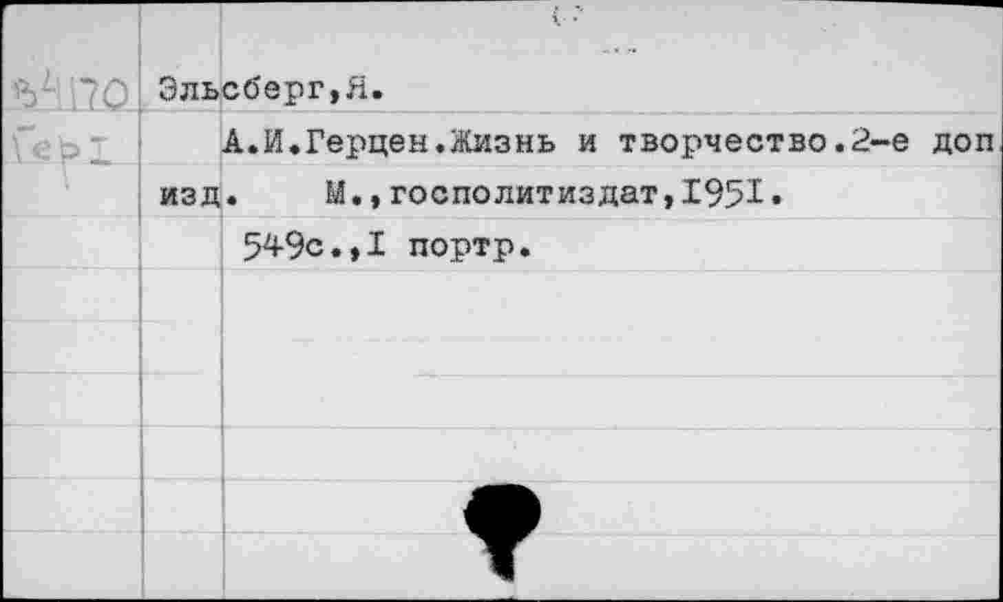 ﻿■о'-'ЛО	Эльсберг,Я.
	А.И.Герцен.Жизнь и творчество.2
	изд. М.,госполитиздат,1?51»
	549с.,I портр.
е доп